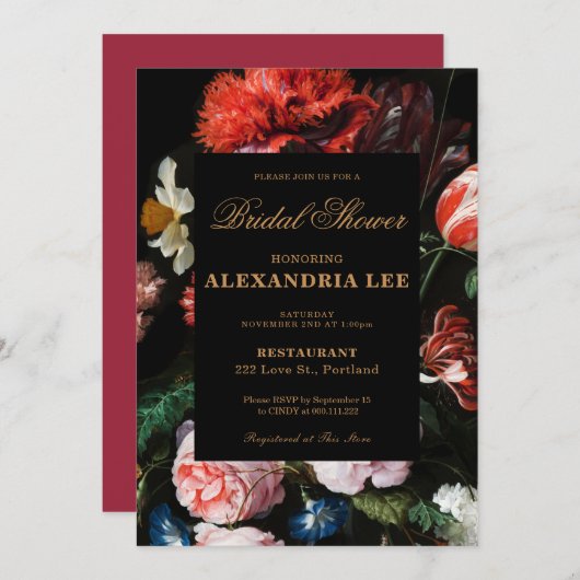 Weddenschap Bridal Shower Uitnodiging zwarte Flora (Voorkant / Achterkant)