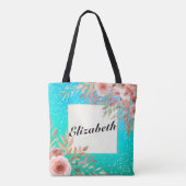 Weddenschap Bride Elegant Pink Floral Blauwgroen G Tote Bag (Achterkant)