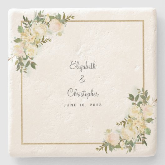 Weddenschap Bride Groom Names Datum Elegant Floral Stenen Onderzetter (Voorkant)