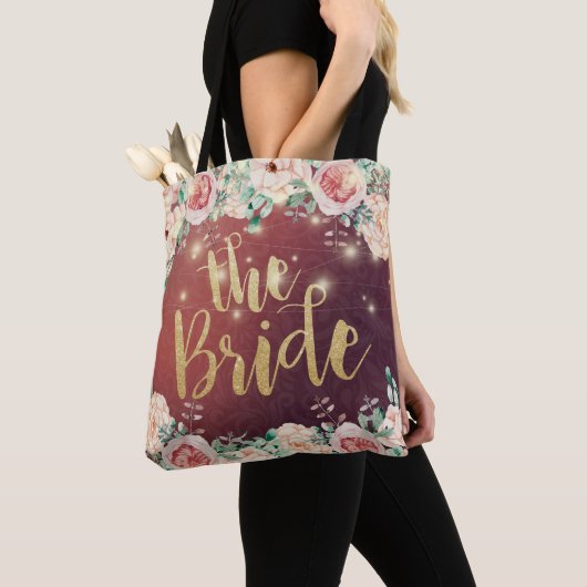 Weddenschap Brides Burgundy Chic Floral String Lig Tote Bag (Dichtbij)