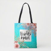 Weddenschap Bridesmaid Chic Pink Floral Blauwgroen Tote Bag (Voorkant)