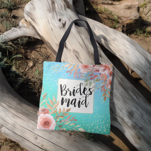 Weddenschap Bridesmaid Chic Pink Floral Blauwgroen Tote Bag
