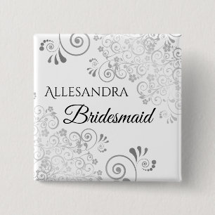 Weddenschap Bridesmaid Name Tag Fancy Silver Filig Vierkante Button 5,1 Cm