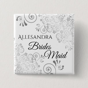 Weddenschap Bridesmaid Name Tag Silver Curly Frill Vierkante Button 5,1 Cm