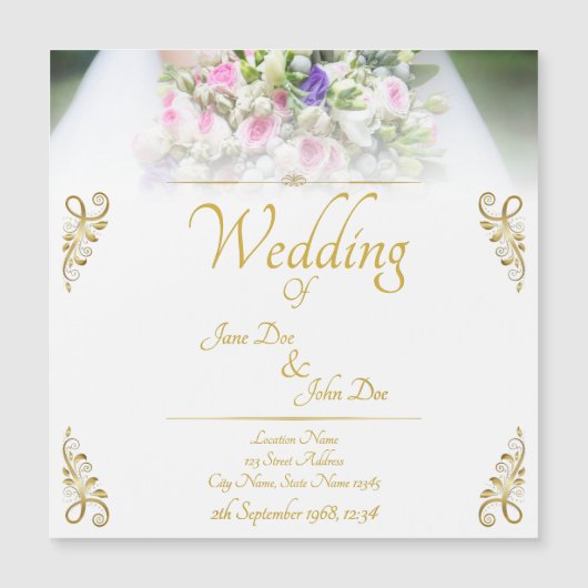 Weddenschap - bruid met kleurrijke trouwboquet (Voorkant)