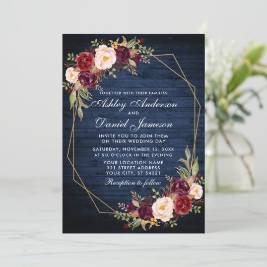 Weddenschap Burgundy Floral Blue Wood Geometric Go Kaart (Staand voorkant)