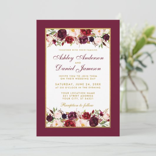 Weddenschap Burgundy Floral Elegant Gold White Kaart (Staand voorkant)
