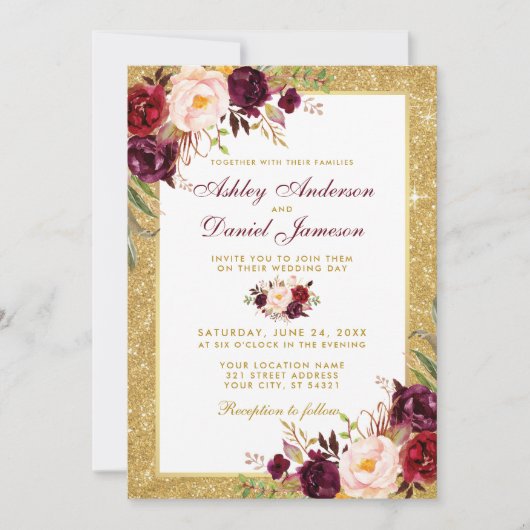 Weddenschap Burgundy Floral Gold Glitter Kaart (Voorkant)