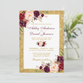 Weddenschap Burgundy Floral Gold Glitter Kaart (Staand voorkant)