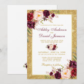 Weddenschap Burgundy Floral Gold Glitter Kaart (Voorkant / Achterkant)