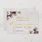 Weddenschap Burgundy Peonies Faux Gold Marble RSVP Kaartje (Voorkant / Achterkant)