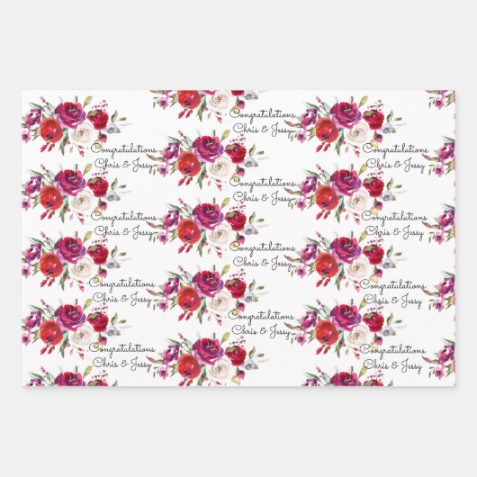 Weddenschap Burgundy Waterverf Rozen Namen 3 Gift Inpakpapier Vel (Voorkant)