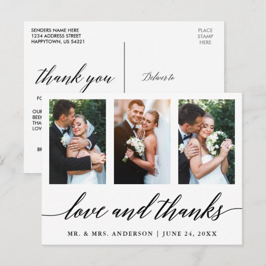 Weddenschap Calligrafie Liefde en Bedankt 3 Foto Briefkaart (Voorkant / Achterkant)