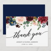 Weddenschap Calligrafie van Blue Burgundy Floral Bedankkaart (Voorkant / Achterkant)