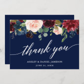 Weddenschap Calligrafie van Burgundy Floral Blue Bedankkaart (Voorkant / Achterkant)