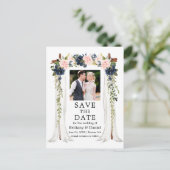 Weddenschap Canopy Pink Dusty Blue Floral Aankondigingskaart (Staand voorkant)