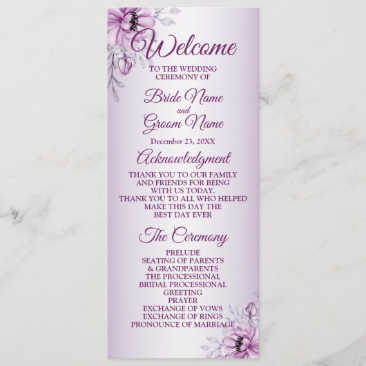 Weddenschap Ceremony Pink Floral Violet Paars Lijs Programmakaart (Voorkant)