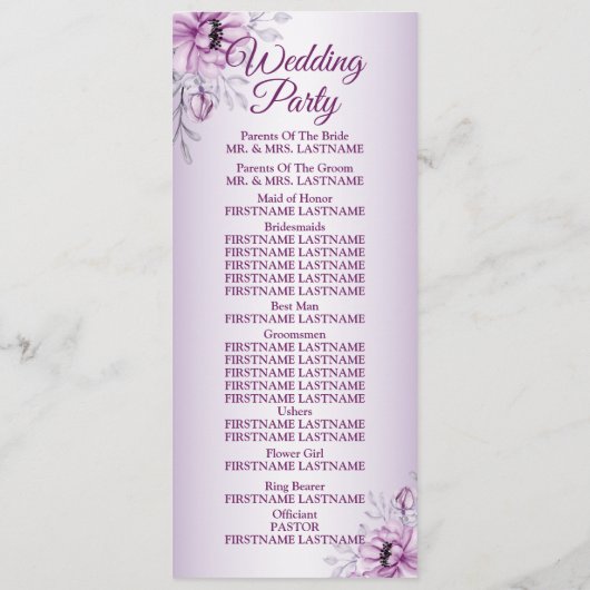 Weddenschap Ceremony Pink Floral Violet Paars Lijs Programmakaart (Achterkant)