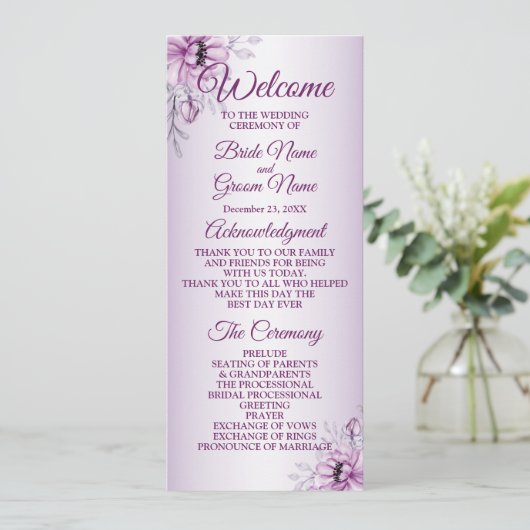 Weddenschap Ceremony Pink Floral Violet Paars Lijs Programmakaart (Staand voorkant)