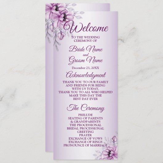 Weddenschap Ceremony Pink Floral Violet Paars Lijs Programmakaart (Voorkant / Achterkant)