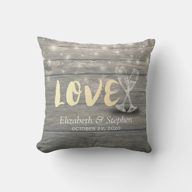 Weddenschap Champagne Glasses Wood String Light Kussen (Voorkant)