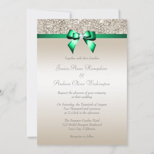Weddenschap Champagne Sequins Shamrock Green Bow Kaart (Achterkant)