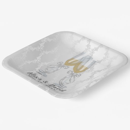 Weddenschap Champagne Toast op Damask Papieren Bordje (Gebogen)