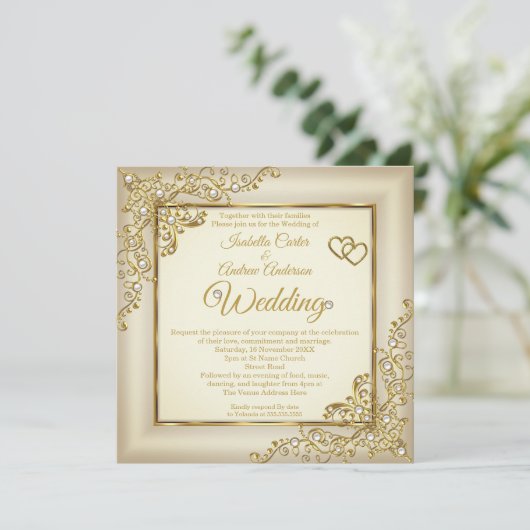 Weddenschap  Cream Beige Gold Heart Pearl Foto Kaart (Staand voorkant)