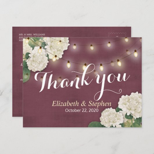 Weddenschap Dank je Hydrangea String Lights Burgun Briefkaart (Voorkant / Achterkant)