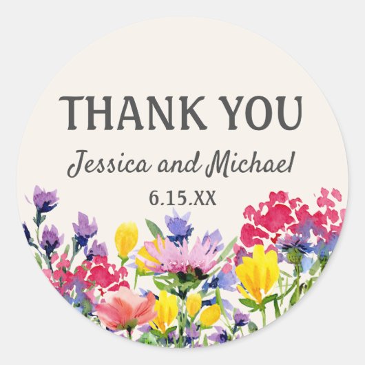Weddenschap Dank je Waterverf Wildbloemen Floral Ronde Sticker (Voorkant)