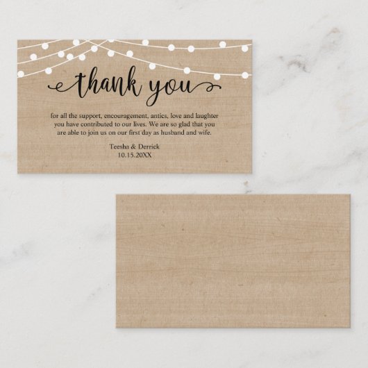 Weddenschap Dank u, Rustic String Lights Wood Informatiekaartje (Voorkant / Achterkant)