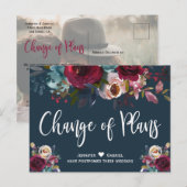 Weddenschap Datum uitstel Burgundy Navy Floral Aankondigingskaart (Voorkant / Achterkant)