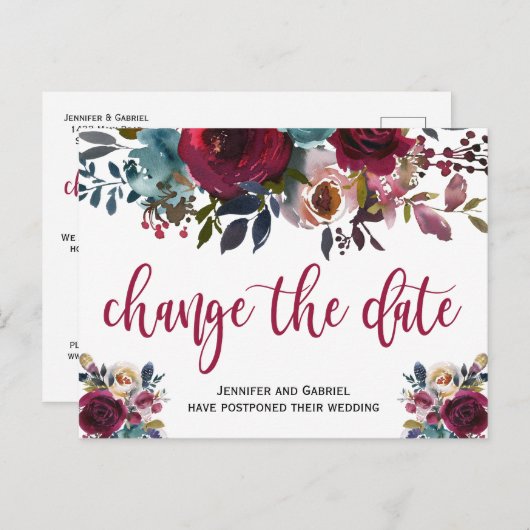 Weddenschap Datum uitstel Burgundy Navy Floral Aankondigingskaart (Voorkant / Achterkant)