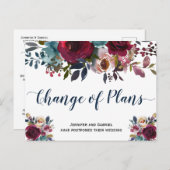 Weddenschap Datum uitstel Burgundy Navy Floral Aankondigingskaart (Voorkant / Achterkant)