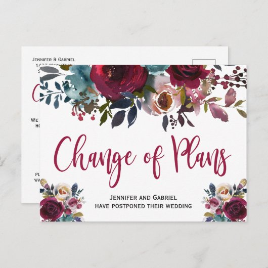 Weddenschap Datum uitstel Burgundy Navy Floral Aankondigingskaart (Voorkant / Achterkant)