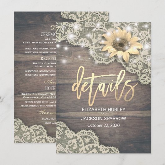 Weddenschap Detail Zonnebloemhout en strijklichten Kaart (Voorkant / Achterkant)