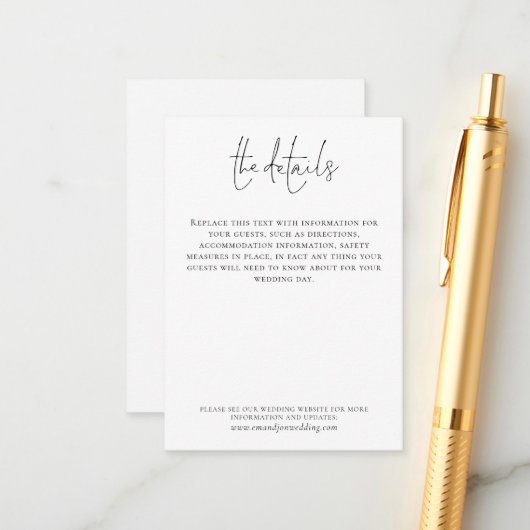 Weddenschap Details Elegant Script Simple Black Wh Informatiekaartje (Voorkant / Achterkant in situ)