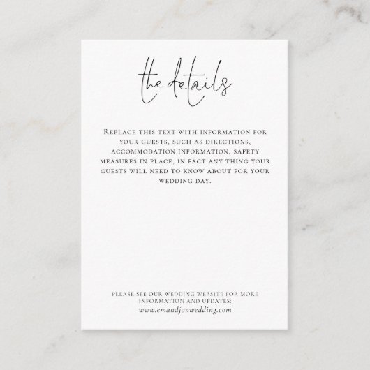 Weddenschap Details Elegant Script Simple Black Wh Informatiekaartje (Voorkant)