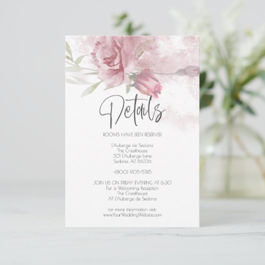 Weddenschap Details Roze Waterverf Rozen Kaart (Staand voorkant)