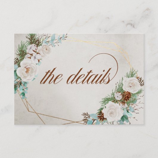 Weddenschap Details Winter White Rose en Pine Cone Informatiekaartje (Voorkant)