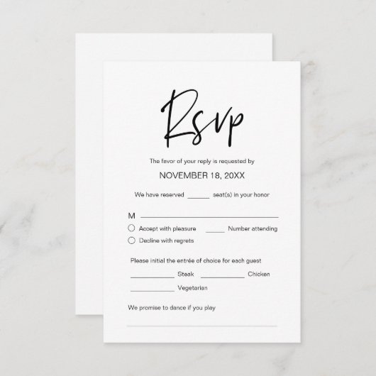 Weddenschap Dinner RSVP, maaltijdoptie, zangverzoe Informatiekaartje (Voorkant / Achterkant)