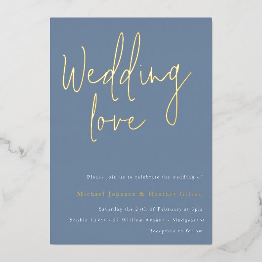 Weddenschap: Dusty Blue & Gold Designer Wedding Folie Uitnodiging (Voorkant)