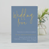 Weddenschap: Dusty Blue & Gold Designer Wedding Folie Uitnodiging (Staand Voorkant)