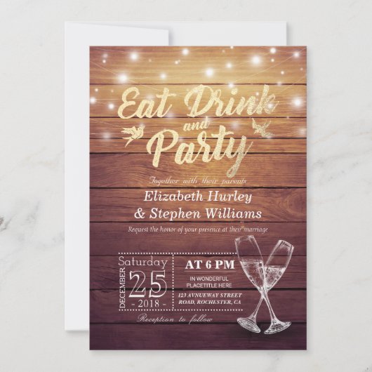 Weddenschap EAT Drink Party Champagne Glass Wood L Kaart (Voorkant)