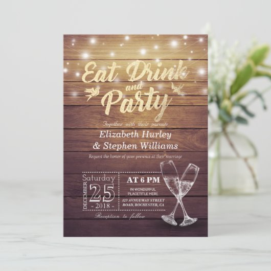 Weddenschap EAT Drink Party Champagne Glass Wood L Kaart (Staand voorkant)