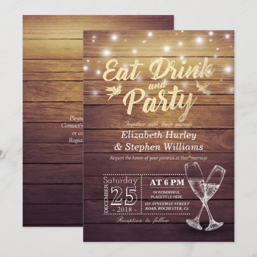 Weddenschap EAT Drink Party Champagne Glass Wood L Kaart (Voorkant / Achterkant)