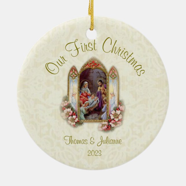 Weddenschap Eerste Kerstkerst Katholieke Keramisch Keramisch Ornament (Achterkant)