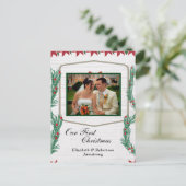 Weddenschap Eerste Kerstmis Onze foto Feestdagenkaart (Staand voorkant)