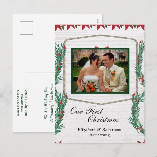 Weddenschap Eerste Kerstmis Onze foto Feestdagenkaart (Voorkant / Achterkant)
