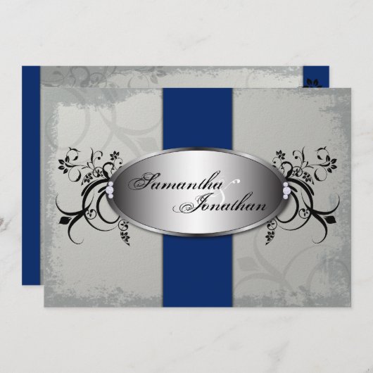 Weddenschap Elegant Grey Royal Blue Floral Kaart (Voorkant / Achterkant)